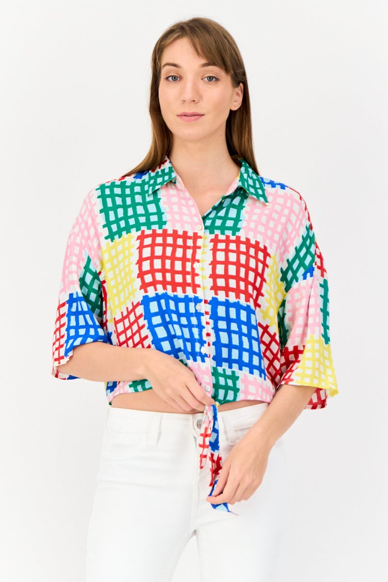 ONLY Women Spread Collar Short Sleeve Allover Print Blouse, Multicolor - Image 1