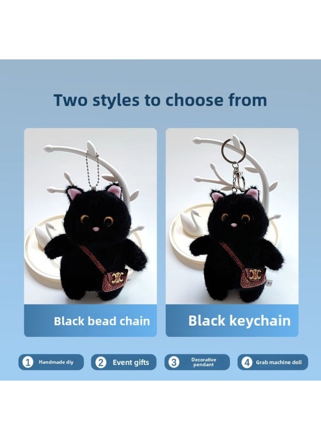 Generic Cute Plush Doll Cross-bag Bear Bag Hanging Decoration Doll Activity Gift Grasping Machine Small Doll Plush Bear Pendant-Specifications:15cm Cross-pack Cat Black-Color:silver Key Buckle  - Image 1