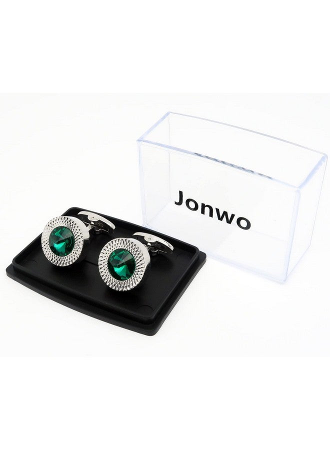Jonwo Round Crystal Silver Cufflinks For Men With Gift Box Green/Blue/Colorful Crystals Men'S Cuff Link Set For Wedding Shirt Party Business Birthday Anniversary Dress (Green Crystal) - Image 4