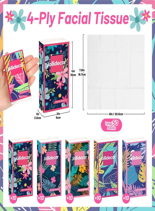 Jollidecor 50 Packs Soft Portable Tissues 4 Ply Pocket Facial Tissues Bulk 500 Sheets Travel Size Tissues Individual Strong and Absorbent Flower Style Tissue for Home Bag Pocket Car Wedding Gifts - Image 2