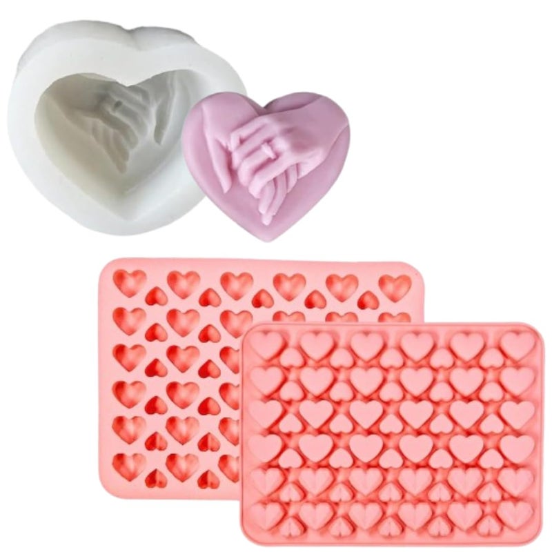 LEGACYCART Holding Hands and 66 Heart Silicone Mould for Valentines Day Baking Cake Cupcake Chocolate Candy Gummy Candle Ice Cubes Homemade Treats NonStick Soap Candle Pack of 2 - Image 1