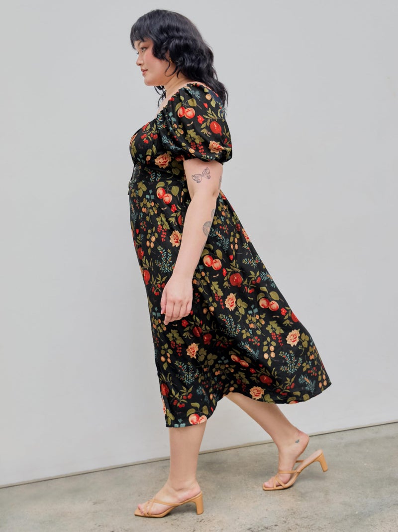 CIDER Women's Plus Size Dress Floral Fruit Square Neck Puff Sleeve Split Sun Dress Summer Midi Dresses Vacation Outfits Multicolor - Image 4