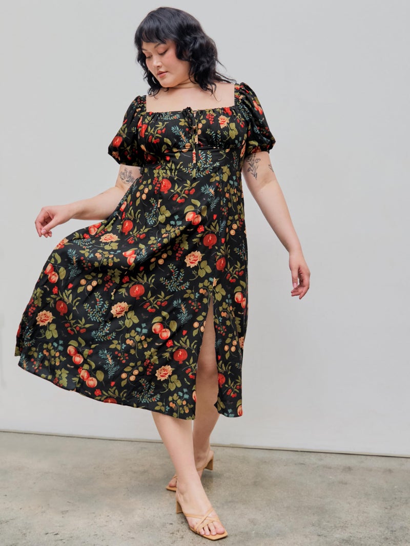 CIDER Women's Plus Size Dress Floral Fruit Square Neck Puff Sleeve Split Sun Dress Summer Midi Dresses Vacation Outfits Multicolor - Image 2