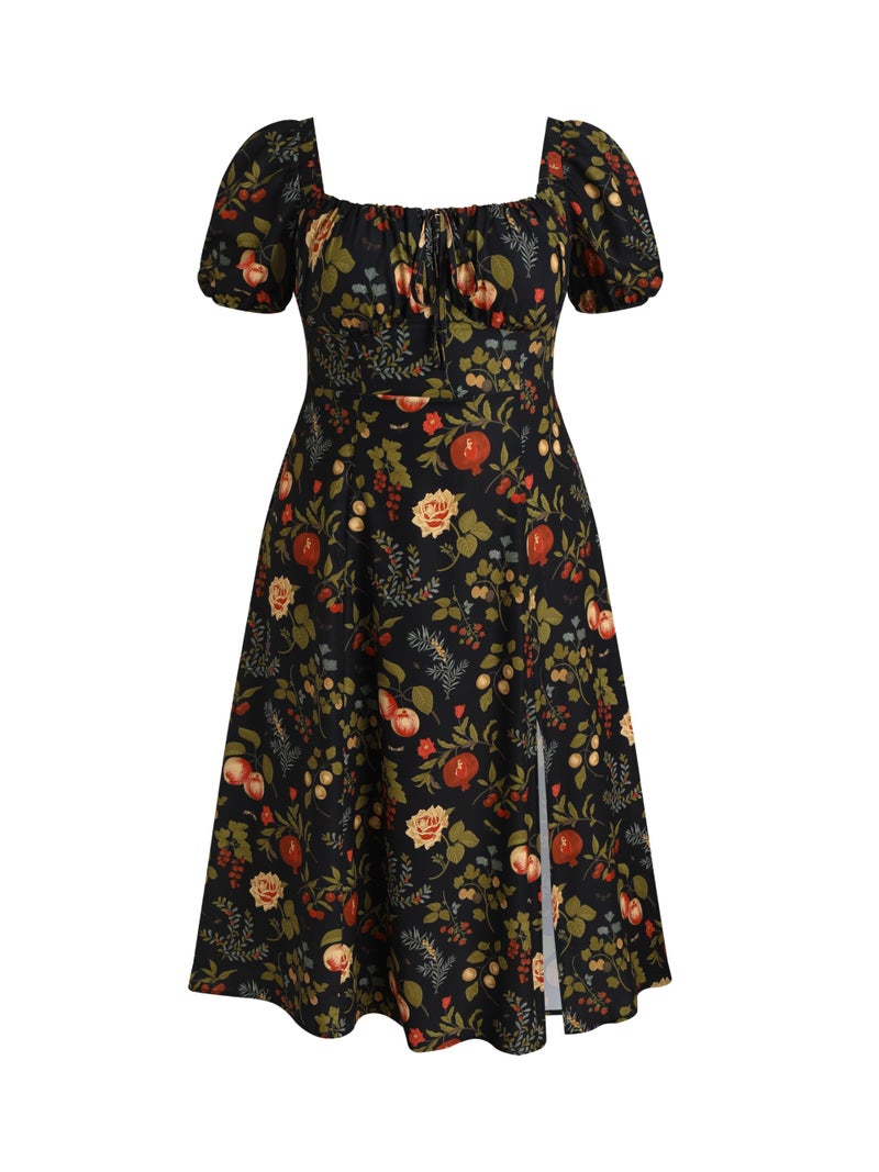 CIDER Women's Plus Size Dress Floral Fruit Square Neck Puff Sleeve Split Sun Dress Summer Midi Dresses Vacation Outfits Multicolor - Image 1