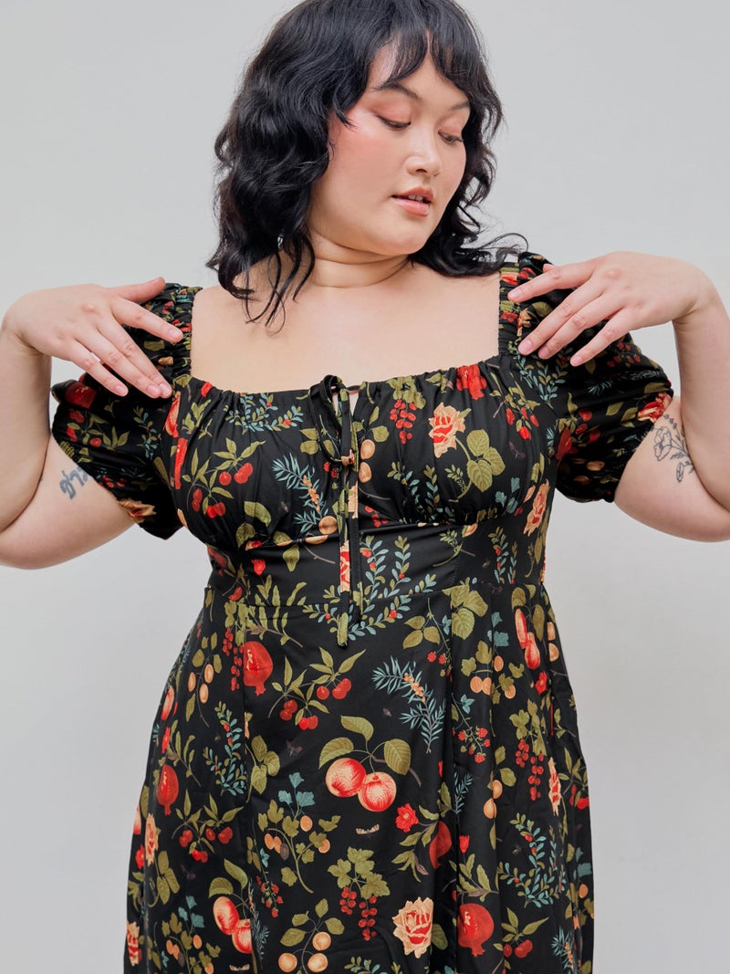 CIDER Women's Plus Size Dress Floral Fruit Square Neck Puff Sleeve Split Sun Dress Summer Midi Dresses Vacation Outfits Multicolor - Image 3