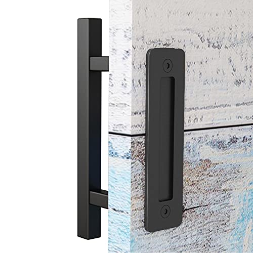 EaseLife 12" Sliding Barn Door Handles and Pulls,Double Sided Hardware Set,Heavy Duty,Square,Rustic,Matte Black Powder Coated Finish,Easy Install - Image 1