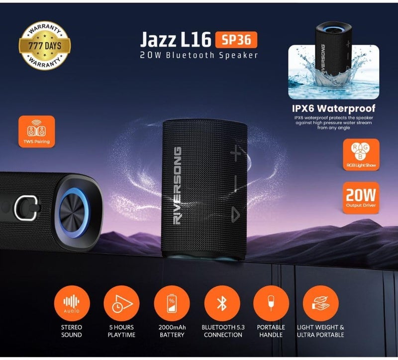 RIVERSONG Jazz L16 Portable Bluetooth Speaker – 20W HD Stereo Sound, Super Bass, IPX6 Waterproof, RGB Light Show, TWS Pairing, 5H Playtime, Type-C Charging - Image 2