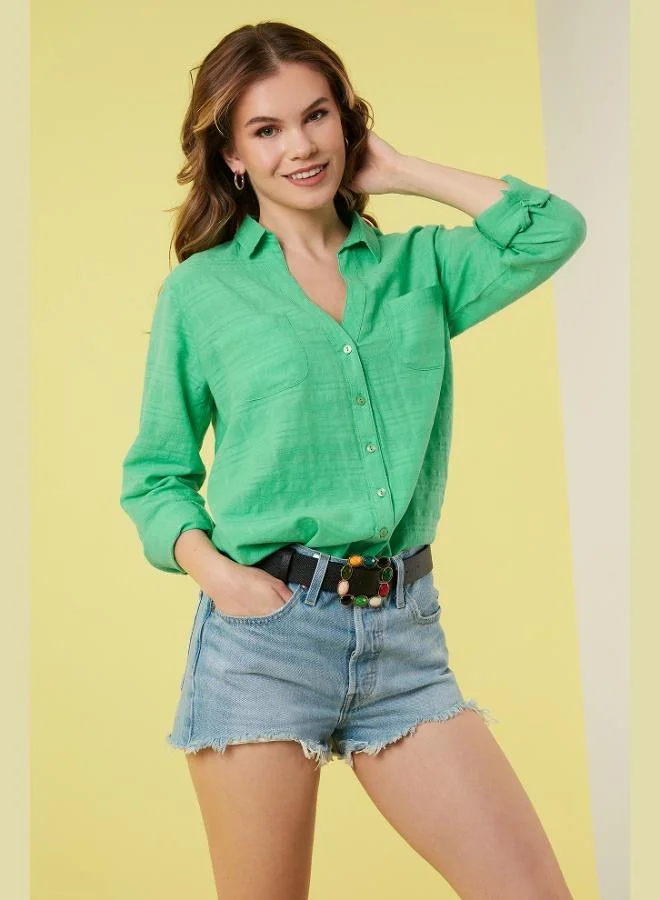 Lela Lela Cotton Double Pocket Buttoned Regular Fit V-Neck Shirt Women's SHIRT 514257519