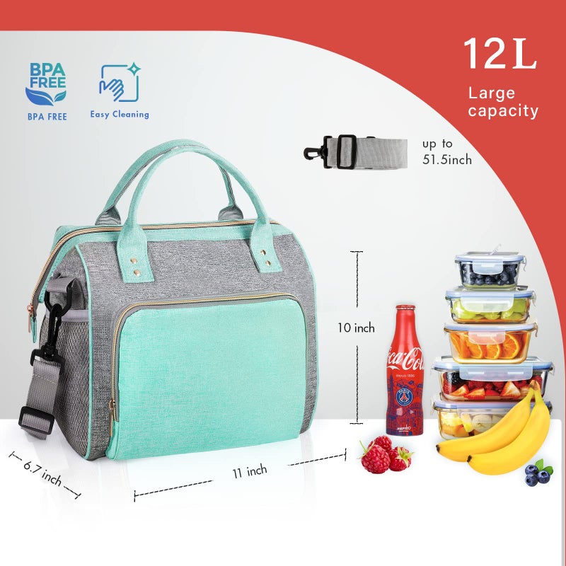 IDEATECH Insulated Lunch Bag Women, Leakproof Large Lunch Box, Reusable Lunch Cooler Bag with Adjustable Strap, Lunch Tote Bag for Work Women, Teal Lunch Tote Bags Gifts for Women, Mom (Green) - Image 4