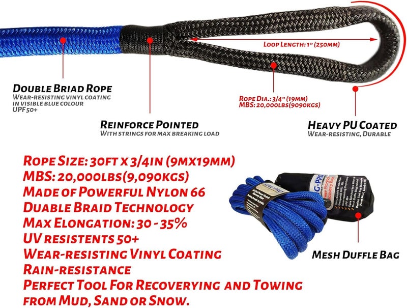 KING-PRO Kinetic Recovery Rope 3/4“x30' Towing Rope 20,000lbs Breaking Strength 100% Nylon Made Heavy Duty Offroad Snatch Strap 30% Elasticity for Full-Size Truck Large SUVs Offroad Vehicels (Blue) - Image 2