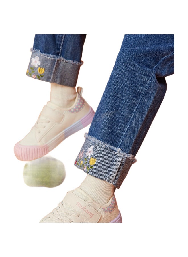 Ask Junior Girls' Pants, Autumn Wear, Toddler Washed Jeans, Cuffed Hem, Embroidered Long Pants, Mosquito-Proof Pants, Sports, 100 - Image 1