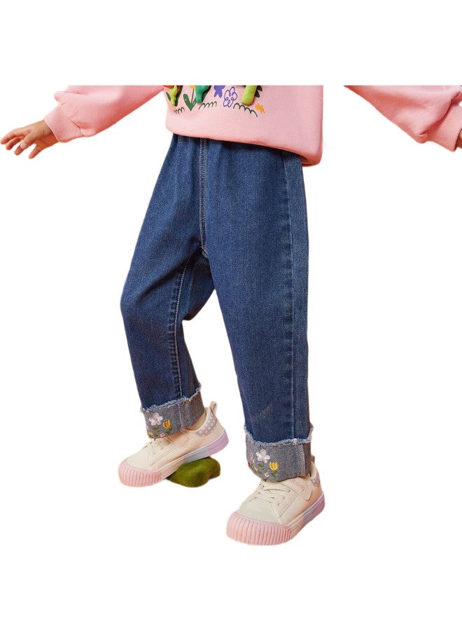 Ask Junior Girls' Pants, Autumn Wear, Toddler Washed Jeans, Cuffed Hem, Embroidered Long Pants, Mosquito-Proof Pants, Sports, 100 - Image 2