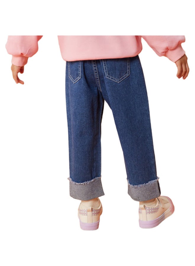 Ask Junior Girls' Pants, Autumn Wear, Toddler Washed Jeans, Cuffed Hem, Embroidered Long Pants, Mosquito-Proof Pants, Sports, 100 - Image 3