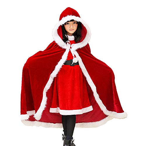 UDYR Child Christmas Cloak Deluxe Velvet Mrs Santa Claus Robe Hooded Cloak, Cappa Cape Coat Long Xmas Cos-play Costume for 6+ years(Red Kids) - Image 1