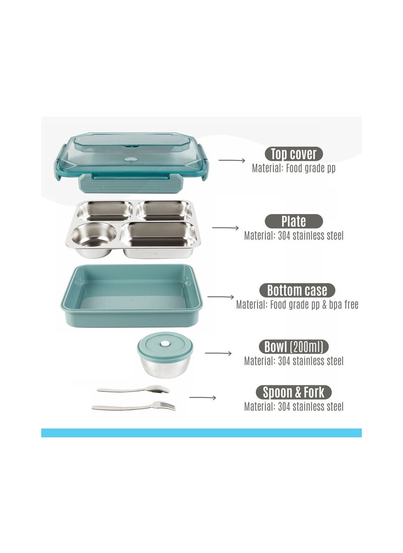 Amber Home - Stainless Steel Bento Lunch Box 4 compartments with thermal Insulated Bag for Kids & Adults 304 SS Divider Food Storage Container with Soup Bowl & Tableware 1400ml, Leak proof BPA Free Dishwasher Safe - Image 1