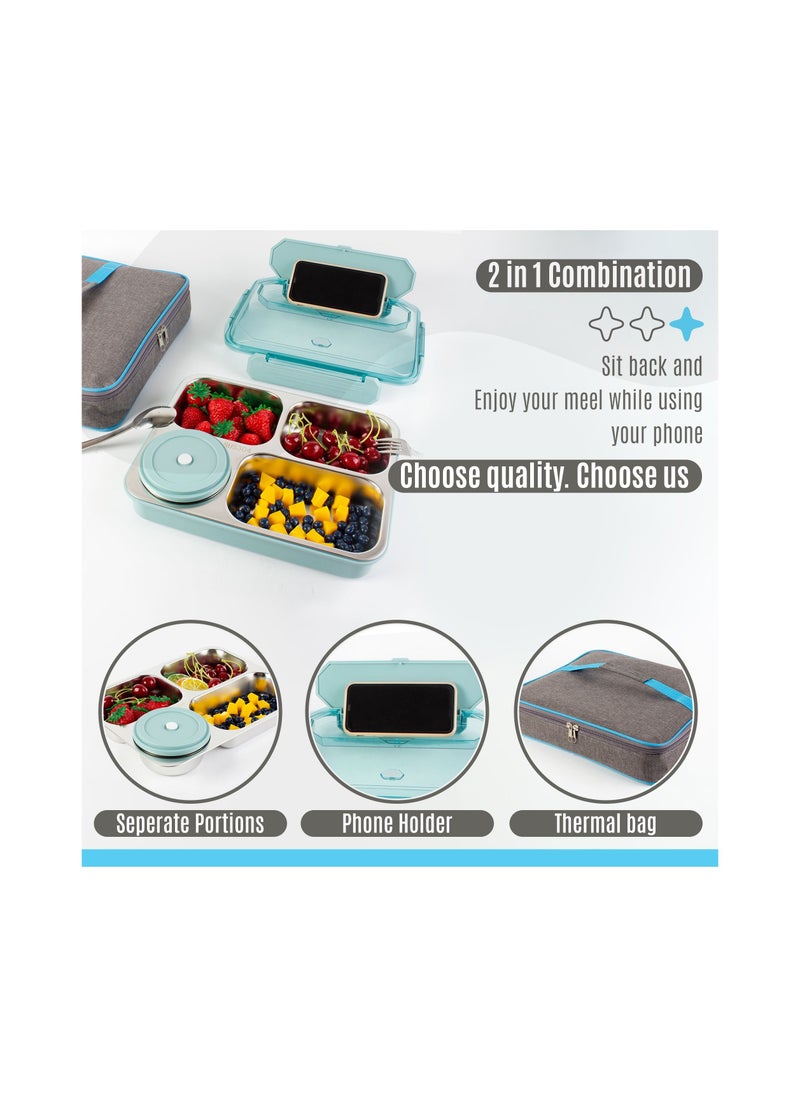 Amber Home - Stainless Steel Bento Lunch Box 4 compartments with thermal Insulated Bag for Kids & Adults 304 SS Divider Food Storage Container with Soup Bowl & Tableware 1400ml, Leak proof BPA Free Dishwasher Safe - Image 1