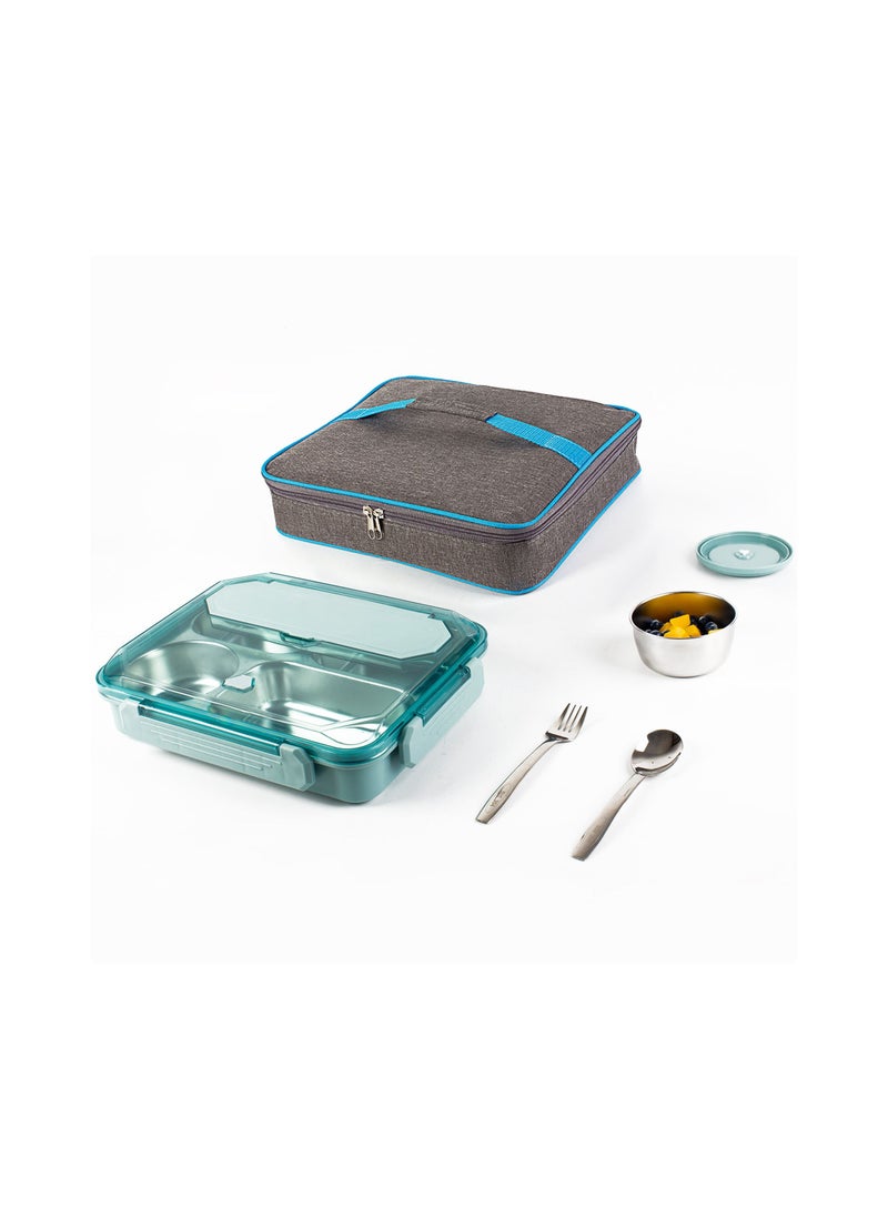 Amber Home - Stainless Steel Bento Lunch Box 4 compartments with thermal Insulated Bag for Kids & Adults 304 SS Divider Food Storage Container with Soup Bowl & Tableware 1400ml, Leak proof BPA Free Dishwasher Safe - Image 1