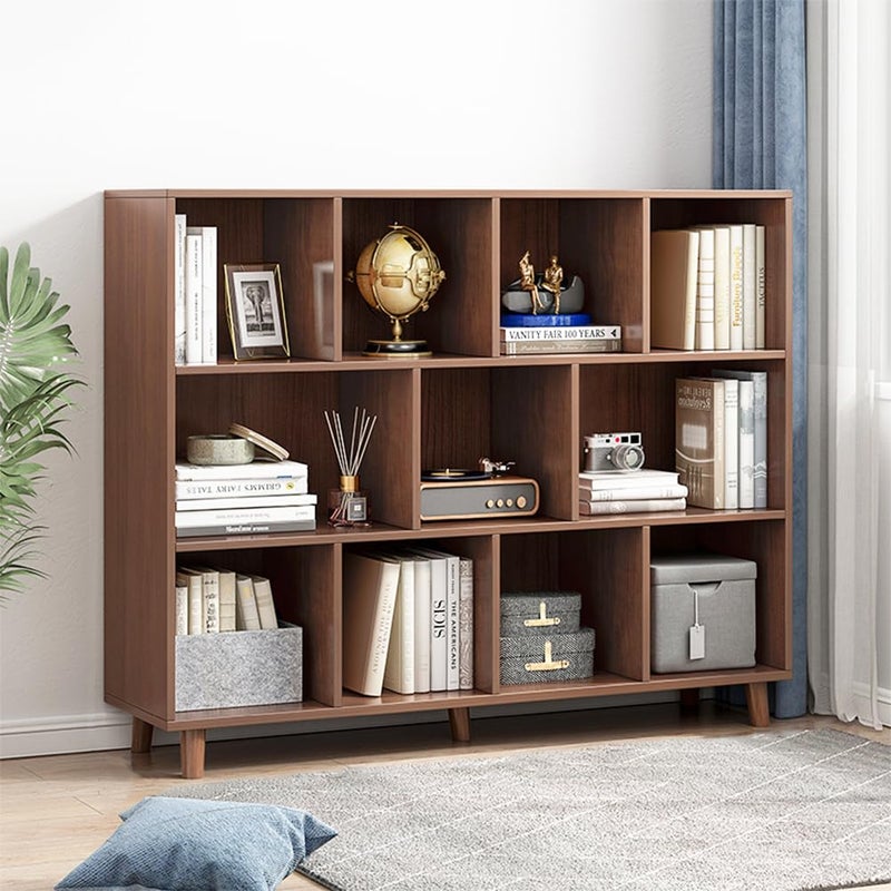 IOTXY IOTXY Open Cube Low Bookcase  3Tier Freestanding Storage Display Cabinet Organizer with Legs for Home Office 11Cubes Open Shelf Short Bookshelf Walnut