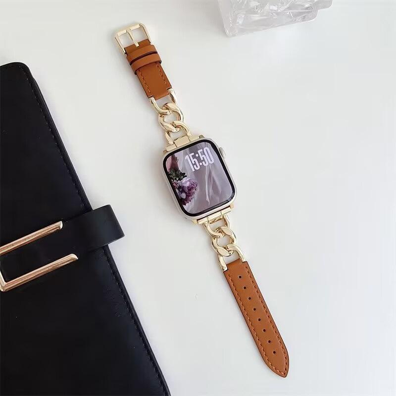 إيروريكس لساعة Apple Watch 38 / 40 / 41 / S10 42 مم سوار ساعة من الجلد الهجين المعدني بسلسلة من الدنيم (ذهبي) - Image 1
