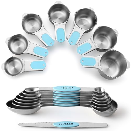 Spring Chef Magnetic Measuring Cups & Spoons Set, Patented, Strong Magnets, Heavy Duty Stainless Steel Fits in Spice Jars for Baking & Cooking, BPA Free, Round Set of 15 with Leveler, Aqua Sky - Image 1