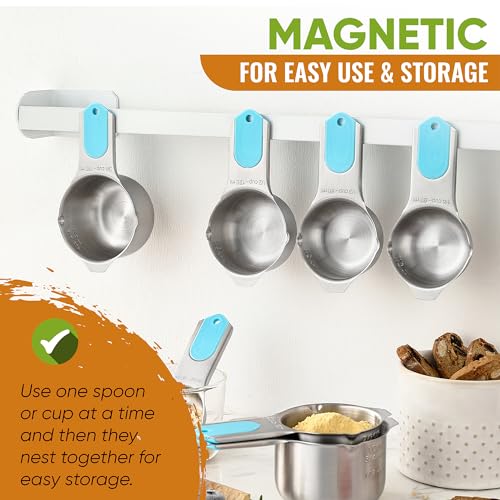 Spring Chef Magnetic Measuring Cups & Spoons Set, Patented, Strong Magnets, Heavy Duty Stainless Steel Fits in Spice Jars for Baking & Cooking, BPA Free, Round Set of 15 with Leveler, Aqua Sky - Image 4