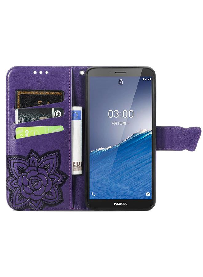 اس-توب جراب لهاتف Nokia C3 مصنوع من الجلد المنقوش بنقشة زهور الفراشة - Image 3