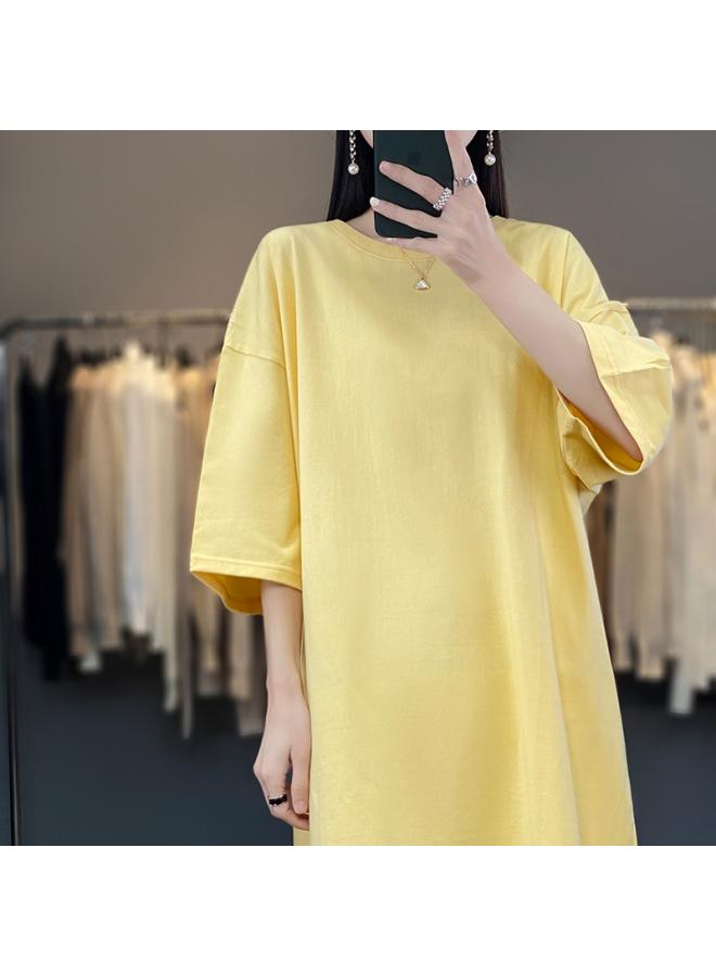 Song Feng Ya New Shoulder Sleeve Mid-length T-shirt Women's Summer Loose Round Neck Short Sleeve Lazy Casual Style Half Sleeve Cotton Breathable 