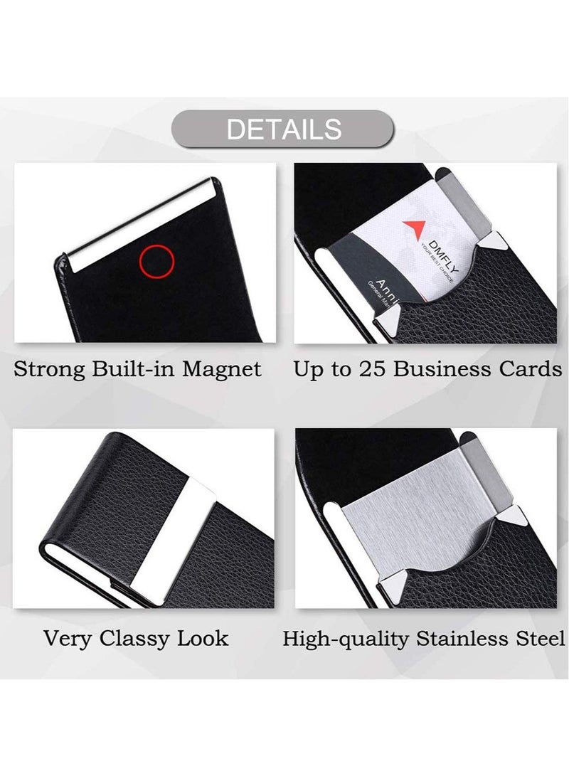 Business Card Holder Case Black Fashion Professional PU Leather Business Card Carrier Luxury Metal Name Card Holder with Magnetic Shut Wallet Credit Card ID Case for Men Women Best Gift - Image 2