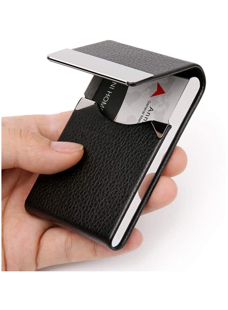 Business Card Holder Case Black Fashion Professional PU Leather Business Card Carrier Luxury Metal Name Card Holder with Magnetic Shut Wallet Credit Card ID Case for Men Women Best Gift - Image 1