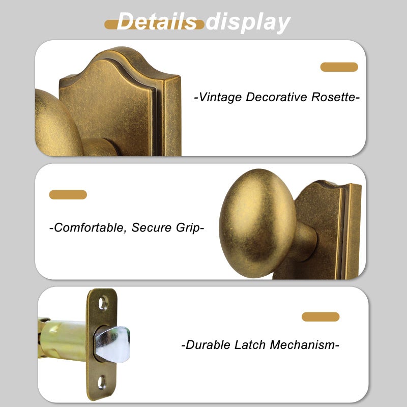 SNBTLA Antique Brass Finish Privacy Door Knob Interior, Vintage Style Zinc Alloy Oval Door Handle with Lock for Bathroom & Bedroom (Antique Brass, Privacy) - Image 3