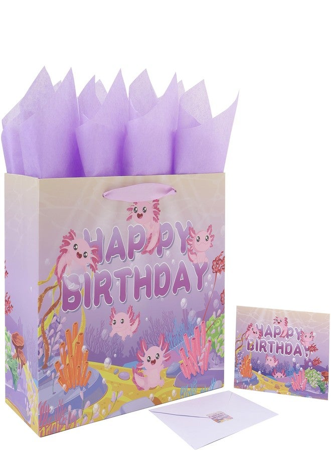 wishinside 13” Large Axolotl Happy Birthday Gift Bag Set with Handles, Greeting Card, Purple Tissue Papers and Stickers for Girls Kids Women Teens, Ocean-themed Design, 1 Pcs - Image 1