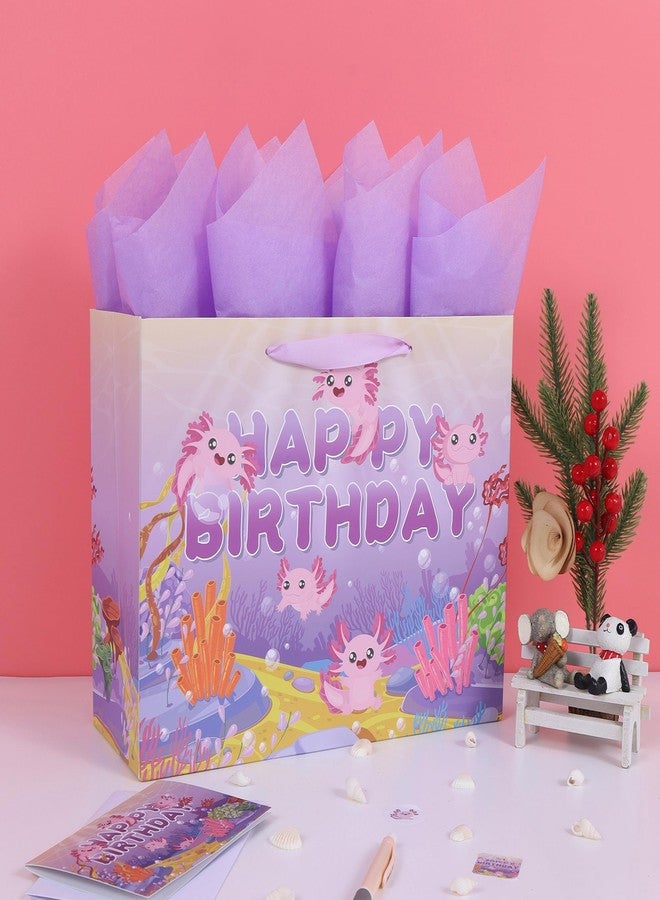 wishinside 13” Large Axolotl Happy Birthday Gift Bag Set with Handles, Greeting Card, Purple Tissue Papers and Stickers for Girls Kids Women Teens, Ocean-themed Design, 1 Pcs - Image 5
