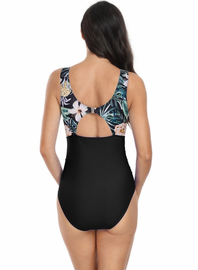 Women's Floral Printed One Piece Swimsuit Lace Stitching  Bathing Suits Black Mix - Image 4