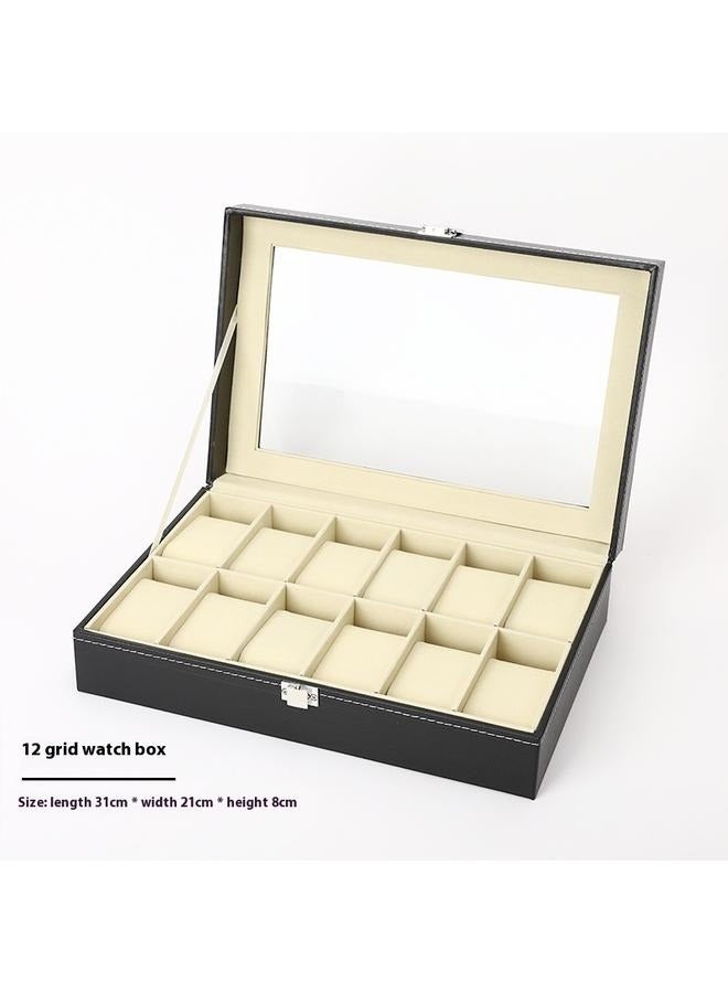 صندوق تخزين الساعات المكون من 12 شبكة - صندوق عرض الساعات - منظم المجوهرات مع الجزء العلوي - حامل الساعات - منظم عرض الساعات - Image 1