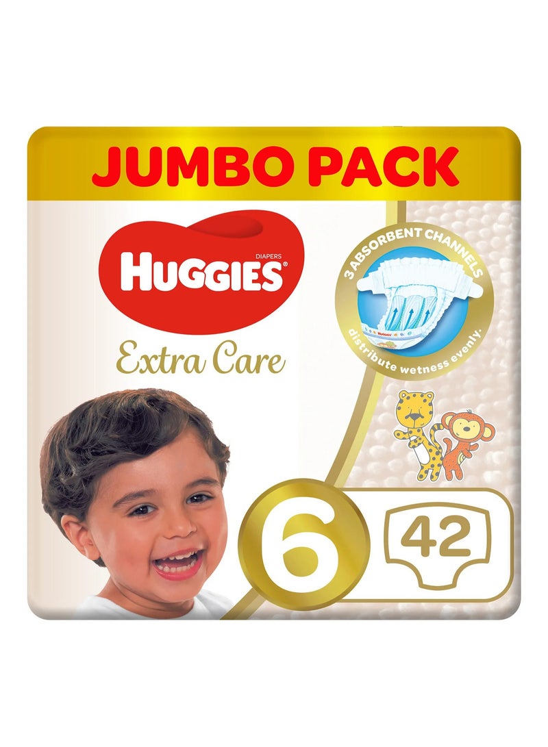 Huggies Extra Care Tape Stye Diapers, 42 Pieces Jumbo Pack, Size 6, 15kg+ - 12h Protection, Dermatologist Approved, Breathable