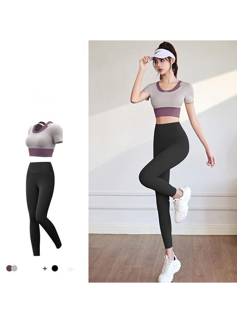 Nariele Women's High-Waisted Yoga Pants With Short Sleeves, Breathable Belly Control Yoga Leggings With Short Sleeve Set Exercise, Gym, Sports, Outdoors - Image 1