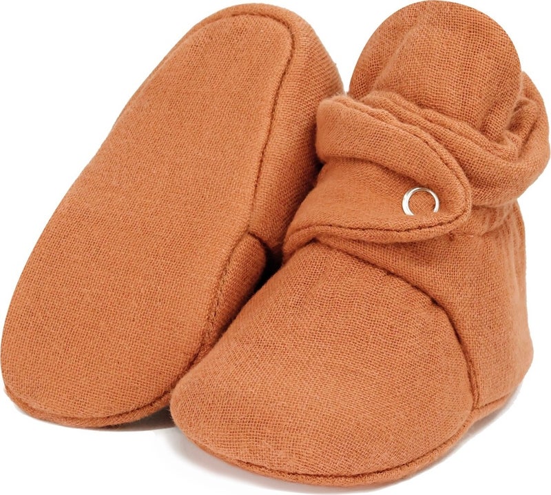 Ella Bonna Muslin Baby Booties, Organic Cotton, Newborn Slippers, Walnut  - Image 1