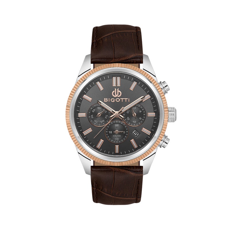 Bigotti Quotidiano Dark Brown Genuine Leather Watch for Men BG.1.10688-5 - Black Sunray Dial, 43mm Case, Japanese Quartz, Day-Date Display, 50M Water Resistant, Mineral Glass - Image 1