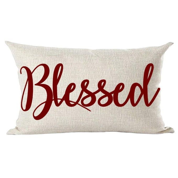 CLARET WINE RED WORD ART BLESSED THANKSGIVING DAY DECORATIVE LUMBAR THROW PILLOW COVER CASE HOME LIVING ROOM BED SOFA CAR COTTON LINEN RECTANGULAR 12 X 20 INCHES