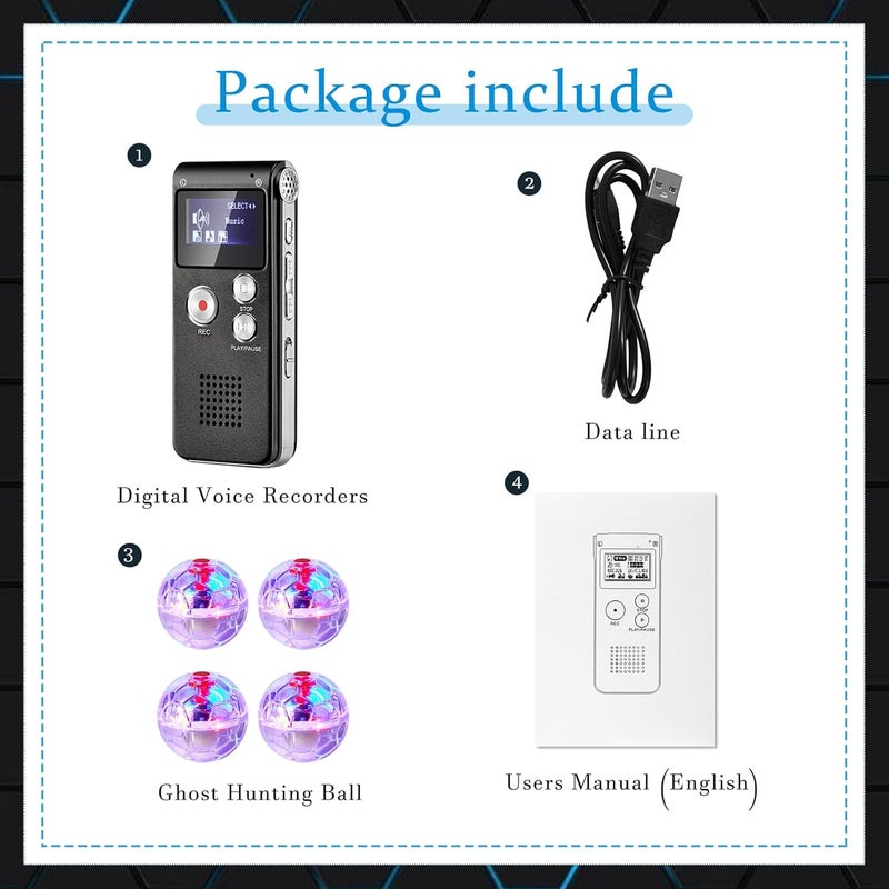 Dunzy 5 Piece Ghost Hunting Kit Includes Digital Voice Recorders with 4 LED Balls for Cats Motion Activated Ball Toy Voice Recorder with Playback (8GB, Classic Style) - Image 2