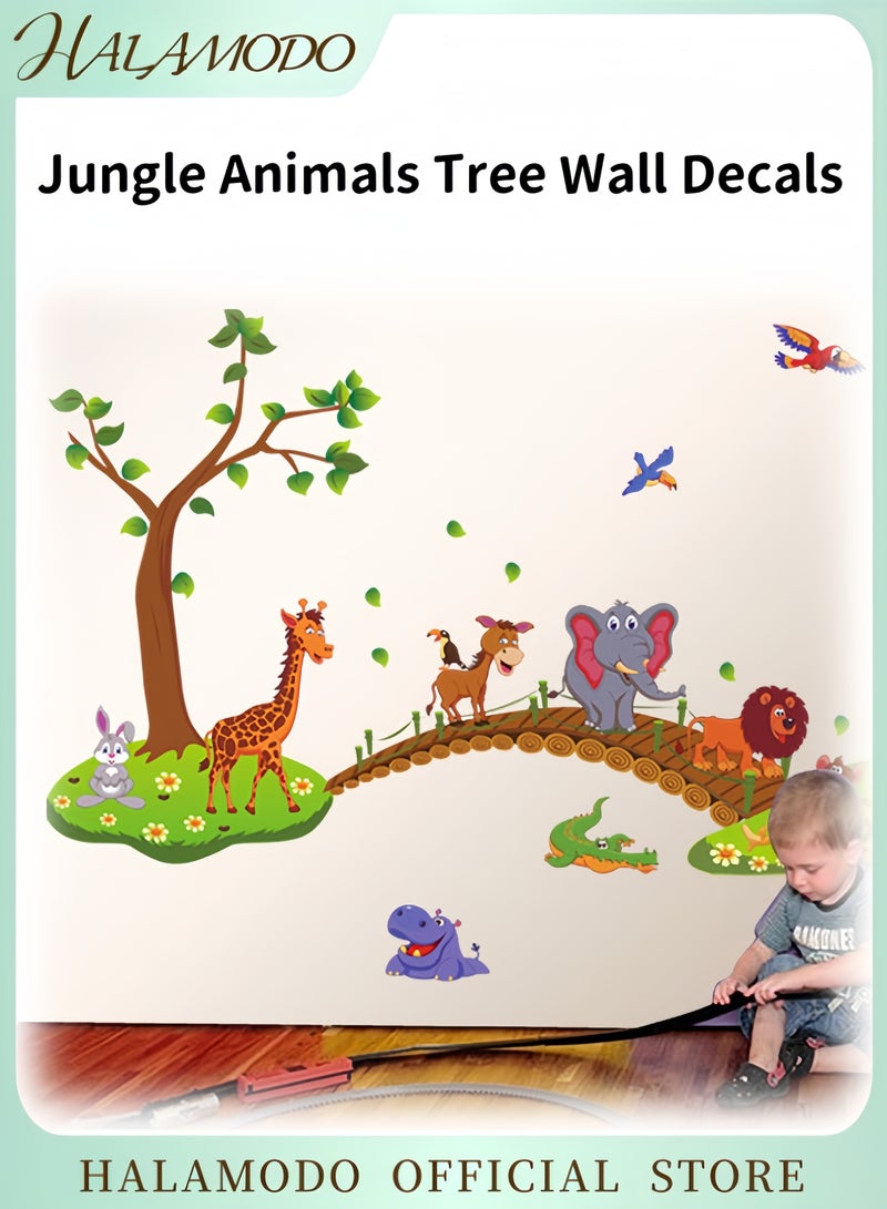 HALAMODO Jungle Animals Tree Wall Decals Elephant Giraffe Lion Donkey Walking on Bridge Wall Stickers Art Decor for Baby Kids Boys Girls Children Bedroom Living Room Bathroom Classroom Playroom Nursery - Image 1