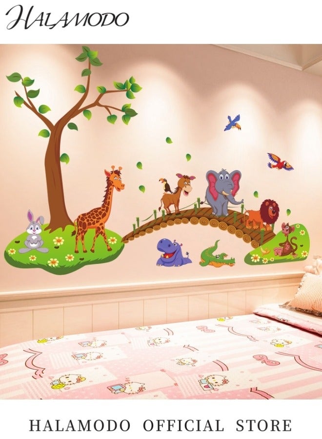 HALAMODO Jungle Animals Tree Wall Decals Elephant Giraffe Lion Donkey Walking on Bridge Wall Stickers Art Decor for Baby Kids Boys Girls Children Bedroom Living Room Bathroom Classroom Playroom Nursery - Image 5