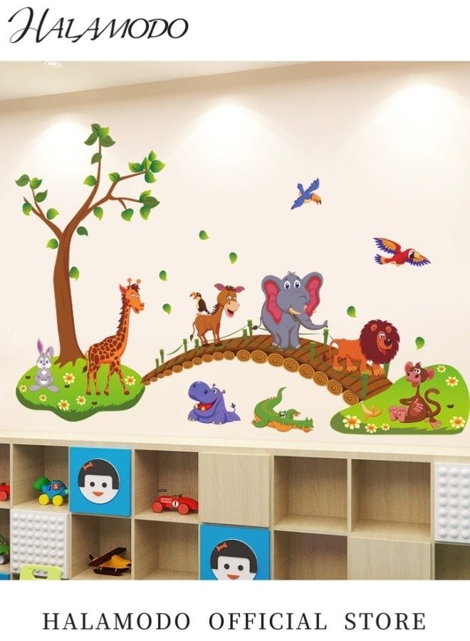 HALAMODO Jungle Animals Tree Wall Decals Elephant Giraffe Lion Donkey Walking on Bridge Wall Stickers Art Decor for Baby Kids Boys Girls Children Bedroom Living Room Bathroom Classroom Playroom Nursery - Image 2