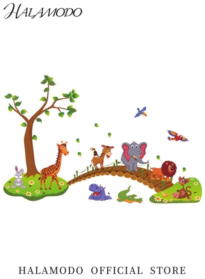 HALAMODO Jungle Animals Tree Wall Decals Elephant Giraffe Lion Donkey Walking on Bridge Wall Stickers Art Decor for Baby Kids Boys Girls Children Bedroom Living Room Bathroom Classroom Playroom Nursery - Image 3