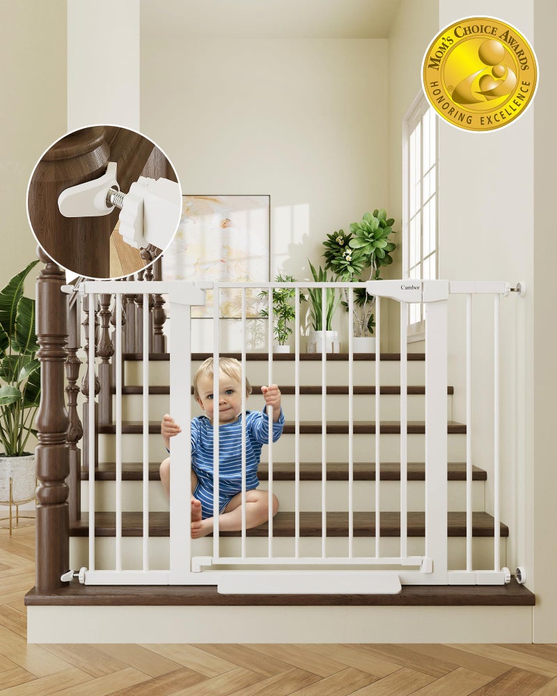 Cumbor 29.7-46" Baby Gate for Stairs, Toddler Safety Essentials for The House, Auto Close Dog Gate for Doorways, Mom's Choice Awards Winner-Easy Install Pressure Mounted Pet Gates for Dogs, White - Image 1
