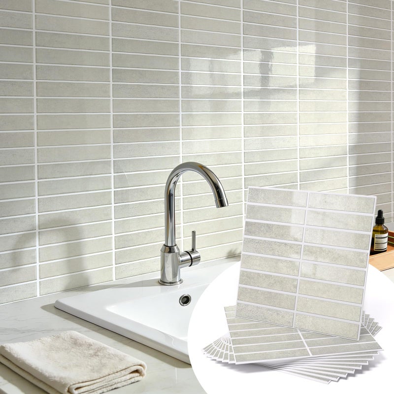 WADILE 3D Peel and Stick Wall Tiles, 12"x12" Aluminum Foil Backing Waterproof Self Adhesive Wall Panels, Upgraded 1.5mm Thick Backsplash Tiles for Kitchen Bathroom DIY Renovation, Beige 5 Pack - Image 1