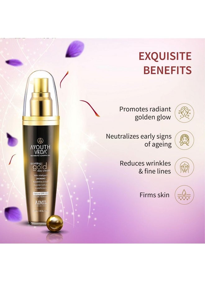 AYOUTHVEDA Sparkling 24K Nano Elemental Gold Day Cream With Natural Spf 15|Provides Golden Glow & Improves Skin Firmness| Blend Of Kashmiri Saffron & Milk Cream For All Day Use(Pack Of 1-50G)  - Image 4