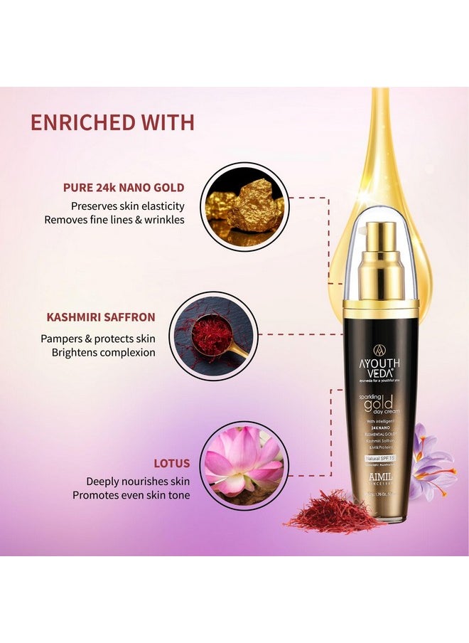AYOUTHVEDA Sparkling 24K Nano Elemental Gold Day Cream With Natural Spf 15|Provides Golden Glow & Improves Skin Firmness| Blend Of Kashmiri Saffron & Milk Cream For All Day Use(Pack Of 1-50G)  - Image 3