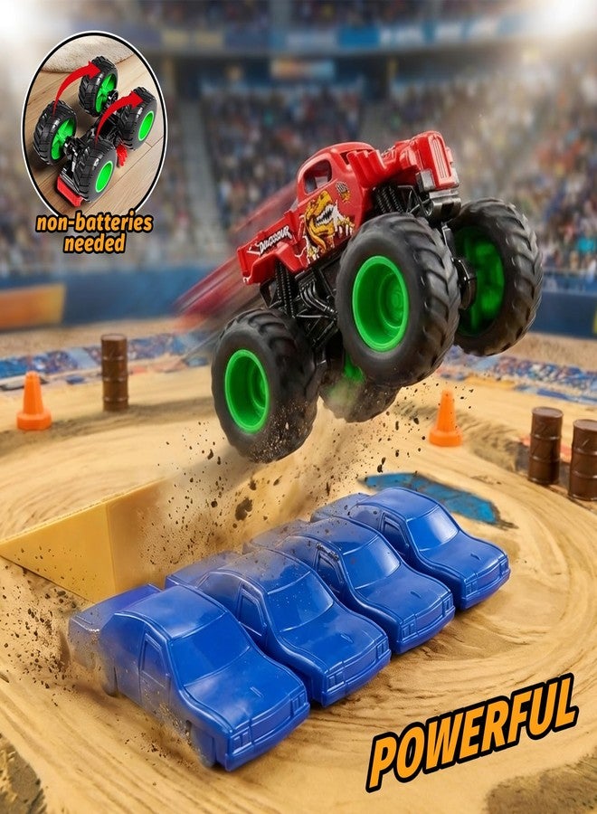 TOPMVP 28pcs Monster Truck Playset with Race Track Arena Mat, 1:64 Mini Toy Trucks with Ramps, Barrels & Crushed Cars, DIY Truck Racing Game with 4 Themes, Birthday Gifts for Boys Kids Age 6-12 - Image 4