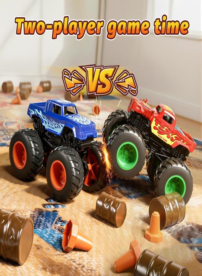 TOPMVP 28pcs Monster Truck Playset with Race Track Arena Mat, 1:64 Mini Toy Trucks with Ramps, Barrels & Crushed Cars, DIY Truck Racing Game with 4 Themes, Birthday Gifts for Boys Kids Age 6-12 - Image 3